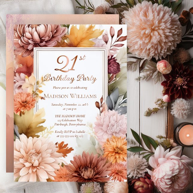 Invitation En Aluminium Chrysanthemums Peonies Floral 21e fête d'anniversa (Elegant Boho Chrysanthemums and Peonies Floral 21st Birthday Party Invitation - Rose Gold Foil)