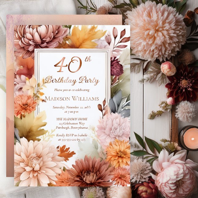 Invitation En Aluminium Chrysanthemums Peonies Floral 40e fête d'anniversa (Elegant Boho Chrysanthemums and Peonies Floral 40th Birthday Party Invitation - Rose Gold Foil)