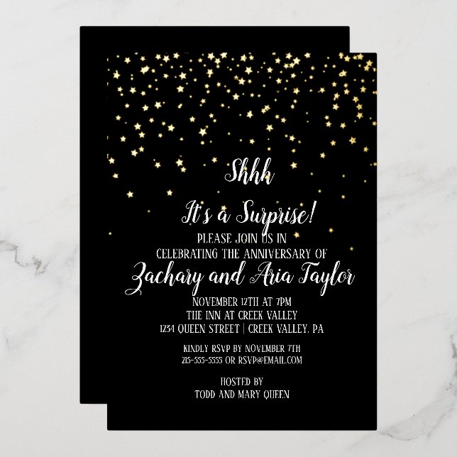 Invitation En Aluminium Chut ! C'est une surprise Confettis sur fond noir, (Recto/Verso)