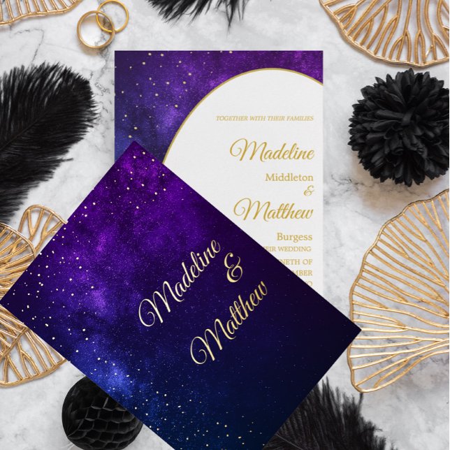 Invitation En Aluminium Ciel de soirée doré  Étoiles Mariage moderne viole (Créateur téléchargé)