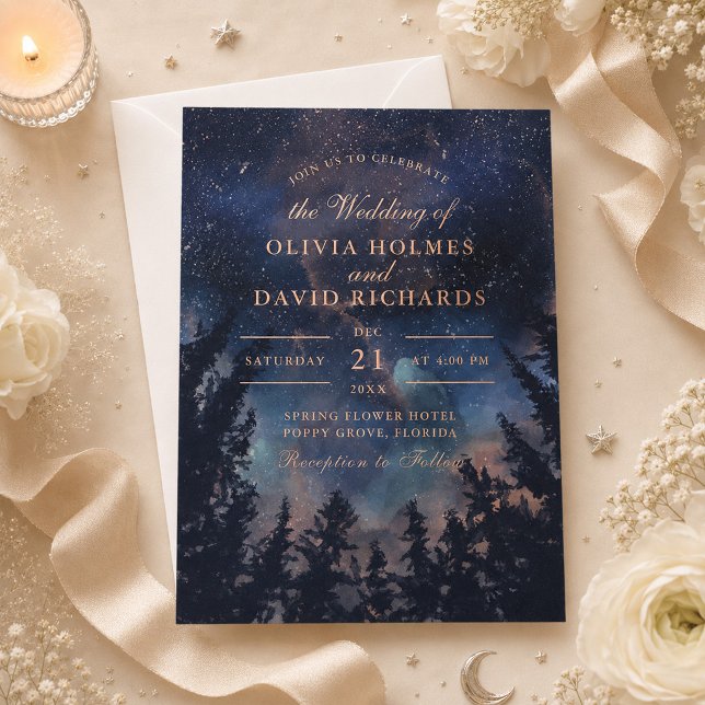 Invitation En Aluminium Ciel étoilé Nuit Rose Or Mariage  (Celestial Starry Night Rose Gold Wedding Foil Invitation on an elegant celestial wedding table)