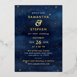 Invitation En Aluminium Ciel nocturne et étoiles aquarelle bleu et or mari