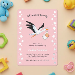Invitation En Aluminium Cigogne portant bébé selfie Baby Shower Rose
