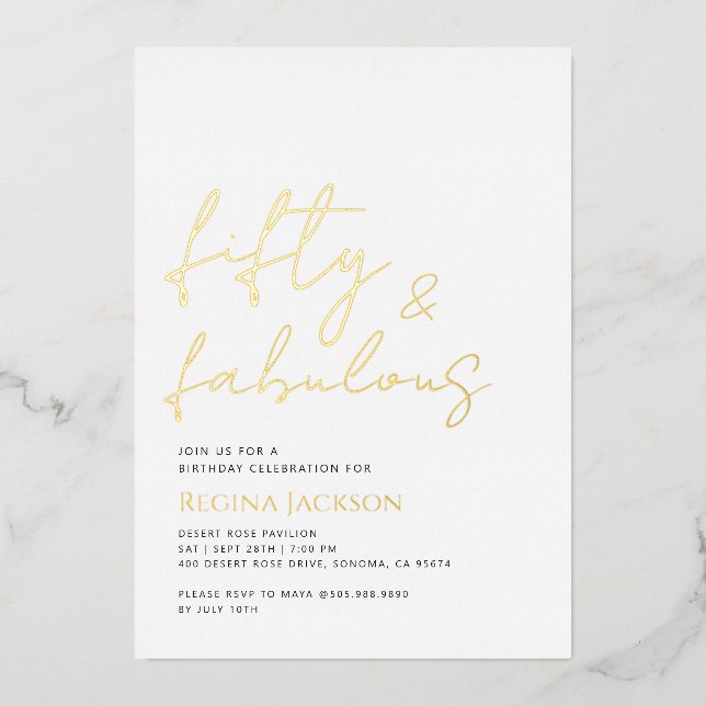 Invitation En Aluminium Cinquante ans et Fantastique Script Or 50e Anniver (Recto)