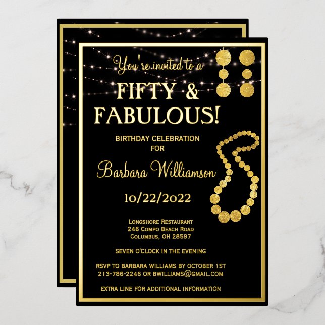 Invitation En Aluminium Cinquante et fabuleux anniversaire Black REAL Gold (Recto/Verso)