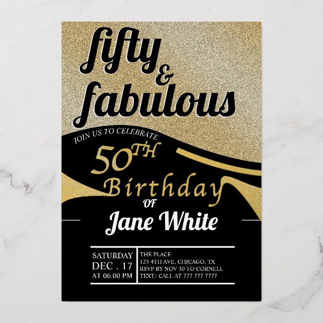 Invitation En Aluminium Cinquante et fabuleux | Elegant Gold 50th Birthday (Recto)