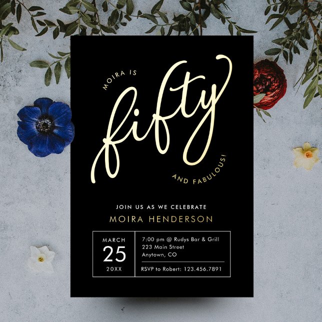 Invitation En Aluminium Cinquante et fabuleux Noir moderne 50e Anniversair (fifty and fabulous modern minimalist gold foil 50th birthday party invitation)