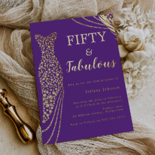 Invitation En Aluminium Cinquante & Fabuleux Violet & Or 50e Anniversaire 