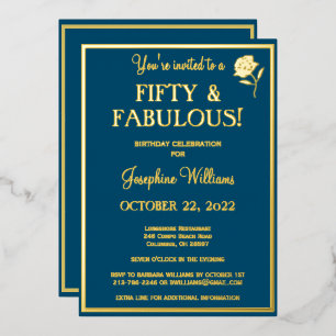 Invitation En Aluminium Cinquante & Fantastique Anniversaire Bleu OR VRAI 