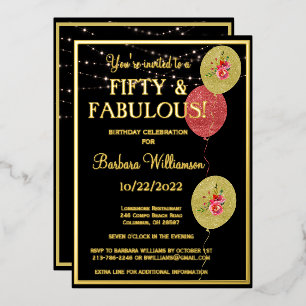 Invitation En Aluminium Cinquante & Fantastique Anniversaire Noir OR VRAI 