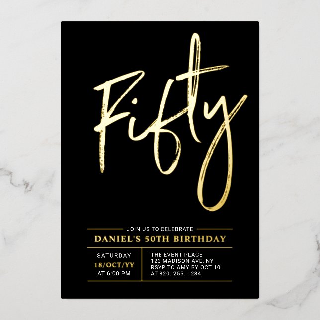 Invitation En Aluminium Cinquante | Fête d'anniversaire Gold & Black moder (Recto)