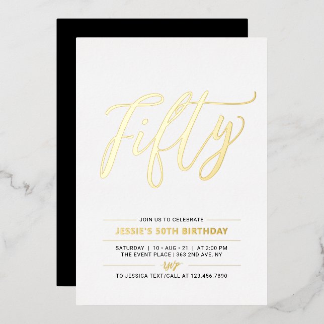 Invitation En Aluminium Cinquante | Foil Invit, fête de l'or moderne 50e a (Recto/Verso)