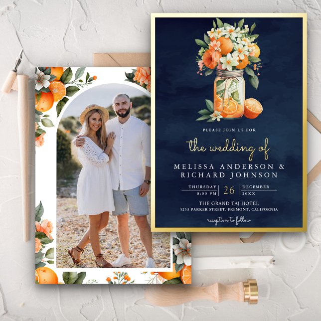 Invitation En Aluminium Citron Orange Bleu Marine Pot Mariage Or (Créateur téléchargé)