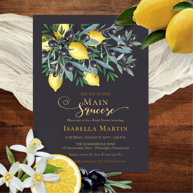 Invitation En Aluminium Citrons Main Squeeze | Olives noires Réception de  (Main Squeeze Lemons | Black Olives Bridal Shower Dark Blue | Gold Foil Invitation)