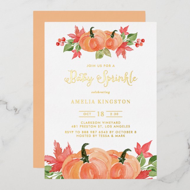 Invitation En Aluminium Citrouille Aquarelle Rustique Fête de Bébé d'Autom (Recto/Verso)