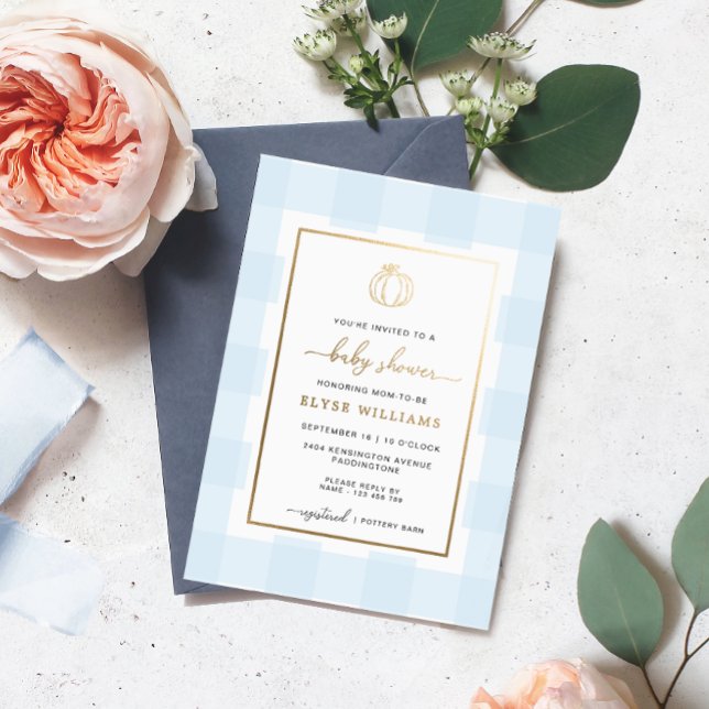 Invitation En Aluminium Citrouille Blue En vichy Baby shower Foil Invitati (Créateur téléchargé)