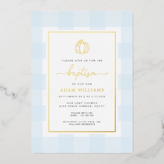 Invitation En Aluminium Citrouille Blue En vichy Baptême Gold Foil Invitat (Recto)
