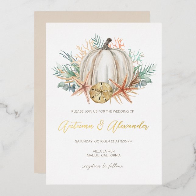 Invitation En Aluminium Citrouille d'automne côtier et Mariage de coquille (Recto/Verso)