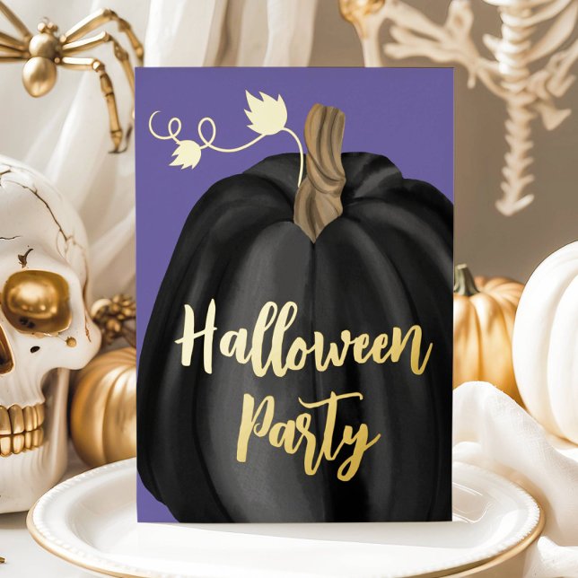 Invitation En Aluminium Citrouille de fête Halloween écriture dorée violet (Purple Gold Script Pumpkin Halloween Party Foil Invitation)
