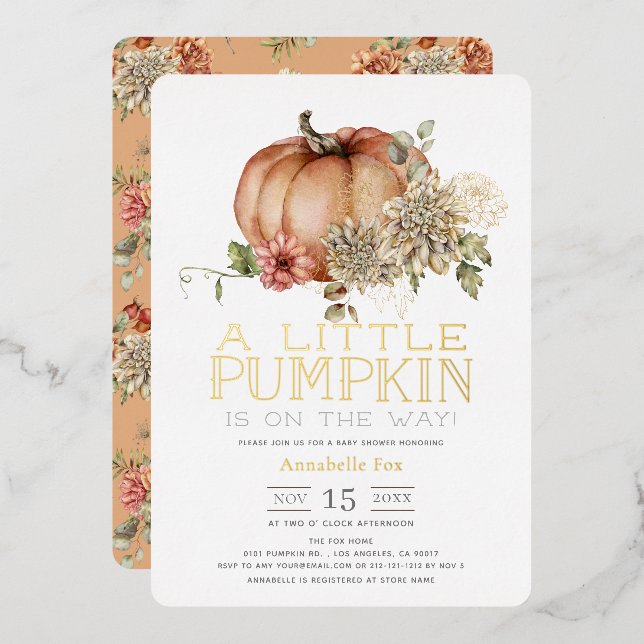 Invitation En Aluminium Citrouille orange et Baby shower Dahlia blanc (Recto/Verso)