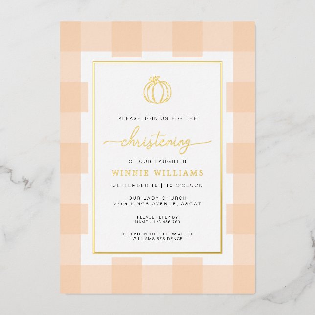 Invitation En Aluminium Citrouille Peach En vichy Christening Foil Invitat (Recto)