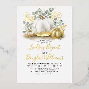 Invitation En Aluminium Citrouilles dorées et feuillage d'eucalyptus pour