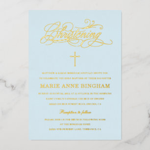 Invitation En Aluminium Clair Bleu Élégante Calligraphie Christening Or