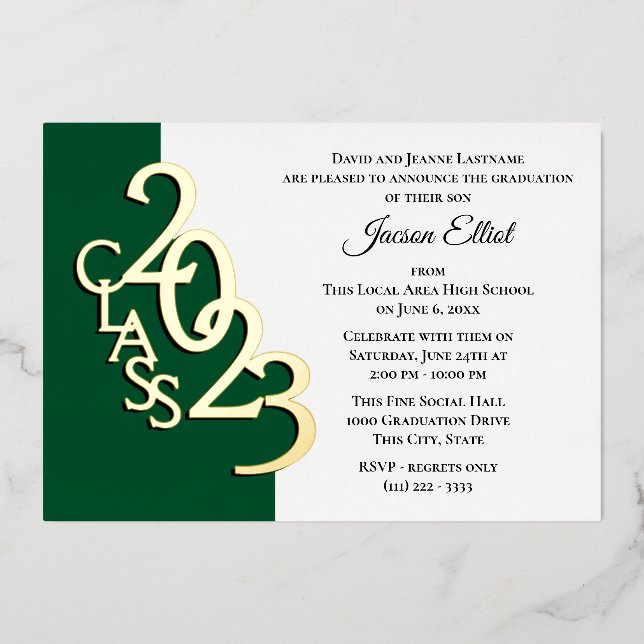 Invitation En Aluminium Classe 2023 Graduation Vert et Or (Recto)