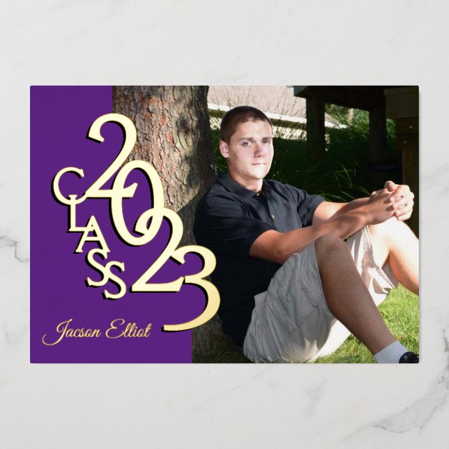 Invitation En Aluminium Classe 2023 Photo Graduation Purple and Gold (Recto)