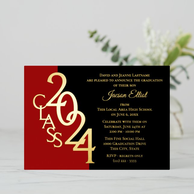 Invitation En Aluminium Classe 2024 Graduation Red and Gold Foil (Debout devant)