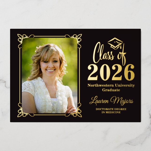 Invitation En Aluminium Classe Black Gold FOIL de 2025 Graduation Photo (Recto)