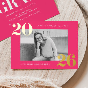 Invitation En Aluminium Classe Bold de 2025 Hot Pink Photo Graduation
