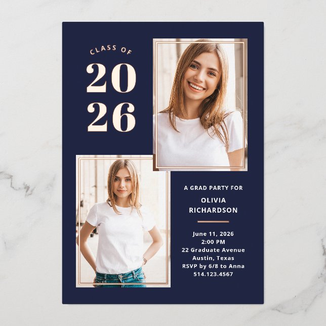 Invitation En Aluminium Classe de 2024 Photo Marine et Rose Gold Grad Part (Recto)