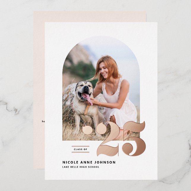 Invitation En Aluminium Classe de 2025 Arch Photo Rose Gold (Recto/Verso)