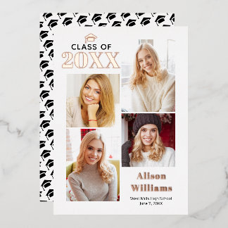 Invitation En Aluminium Classe de 2025 rose graduation feuille d'or 4 phot