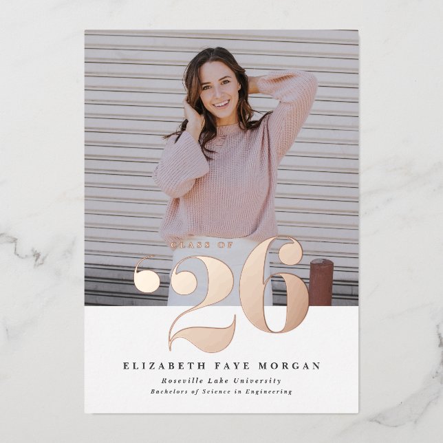 Invitation En Aluminium Classe de 2025 Typographie Photo Graduation Pink (Recto)