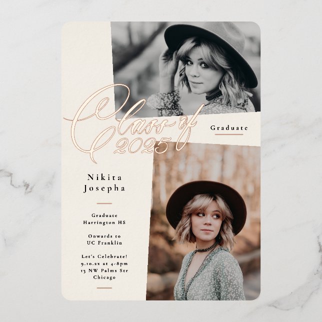 Invitation En Aluminium Classe de Lettres d'or rose de 2025 Graduation Pho (Recto)