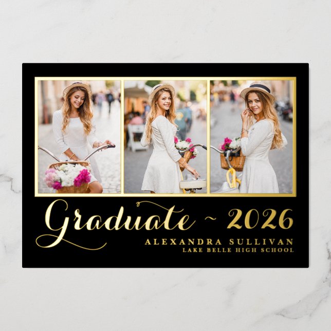Invitation En Aluminium Classe Noire de 2025 Collage photo Graduation (Recto)