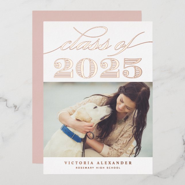 Invitation En Aluminium Classe vintage de 2025 Photo Graduation Rose Gold (Recto/Verso)