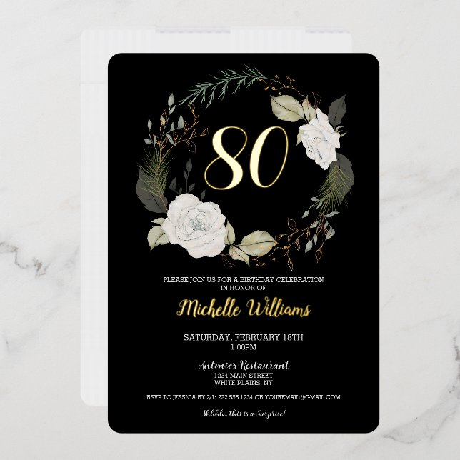 Invitation En Aluminium Classic 80e fête d'anniversaire Floral Wreath Gold (Enveloppe)