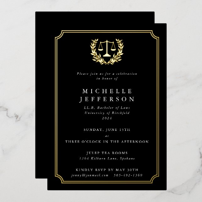Invitation En Aluminium Classic Black Law School Graduation Party (Recto/Verso)