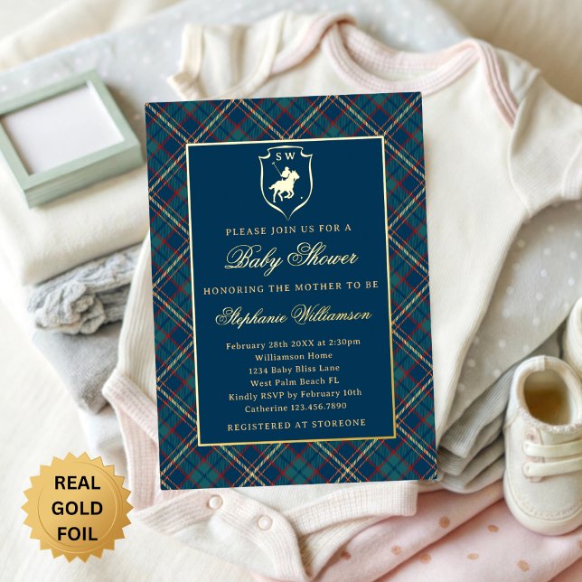 Invitation En Aluminium Classic Blue Plaid Polo Equestrian Baby Shower (Créateur téléchargé)