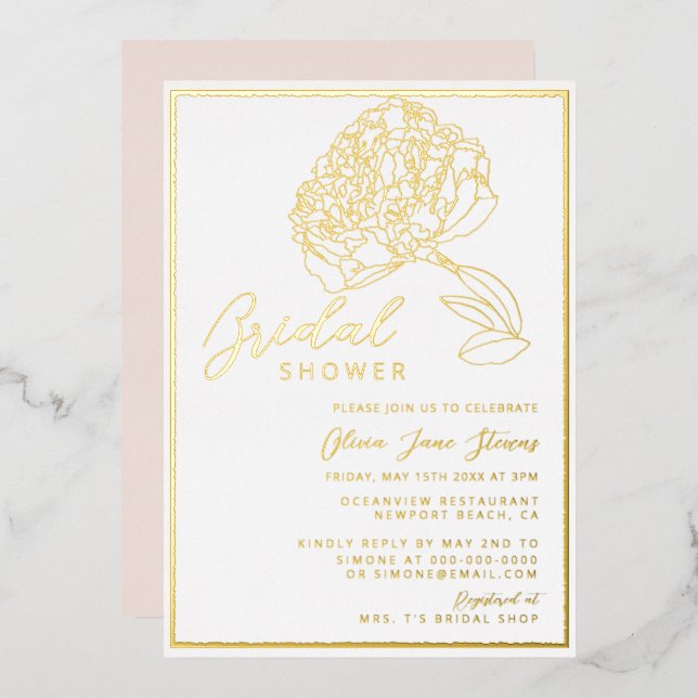 Invitation En Aluminium Classic Chic Gold Frame Peony Bush Fête des mariée (Recto/Verso)