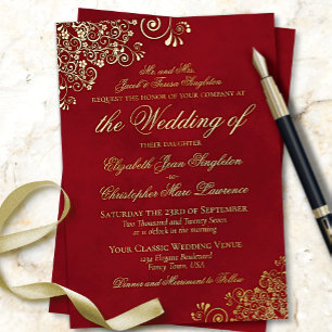 Invitation En Aluminium Classic Elegance Crimson Rouge Forme Mariage Or