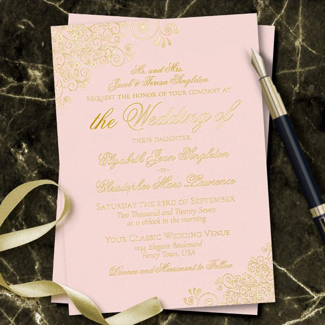 Invitation En Aluminium Classic Elegance Gold sur Blush Pink Mariage forme (Créateur téléchargé)