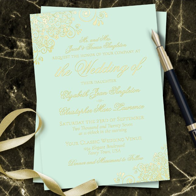 Invitation En Aluminium Classic Elegance Gold sur Mint Green Mariage forme (Créateur téléchargé)
