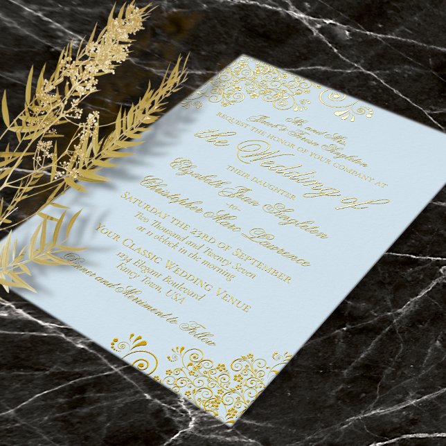Invitation En Aluminium Classic Elegance Or & Poudre Bleu Mariage formel (Créateur téléchargé)