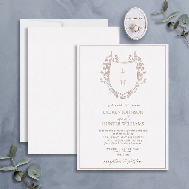 Invitation En Aluminium Classic Floral Monogram Crest Mariage Rose Or (Créateur téléchargé)