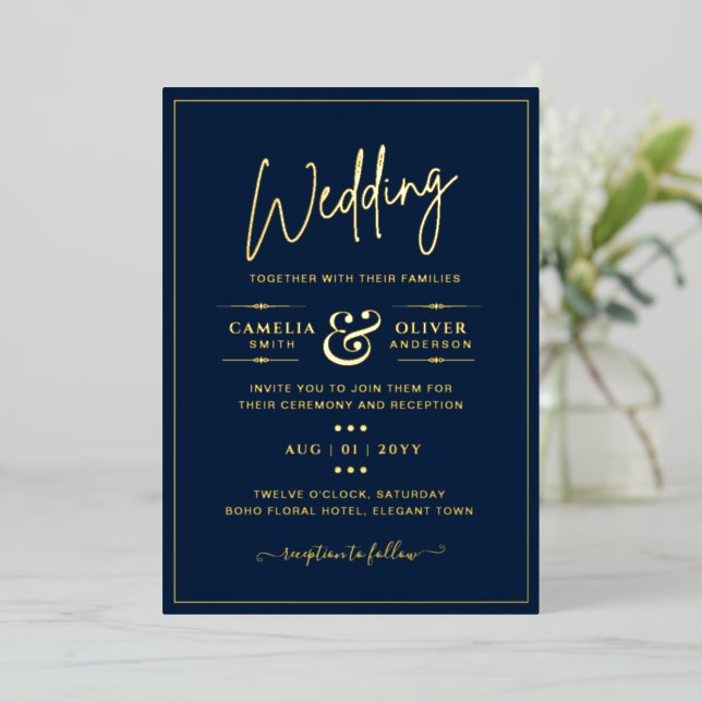 Invitation En Aluminium Classic GOLD FOIL Navy Elegant Classic Mariage (Debout devant)