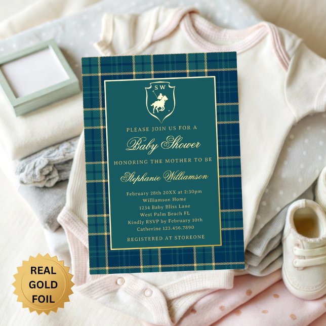 Invitation En Aluminium Classic Green Plaid Polo Equestrian Baby Shower (Créateur téléchargé)